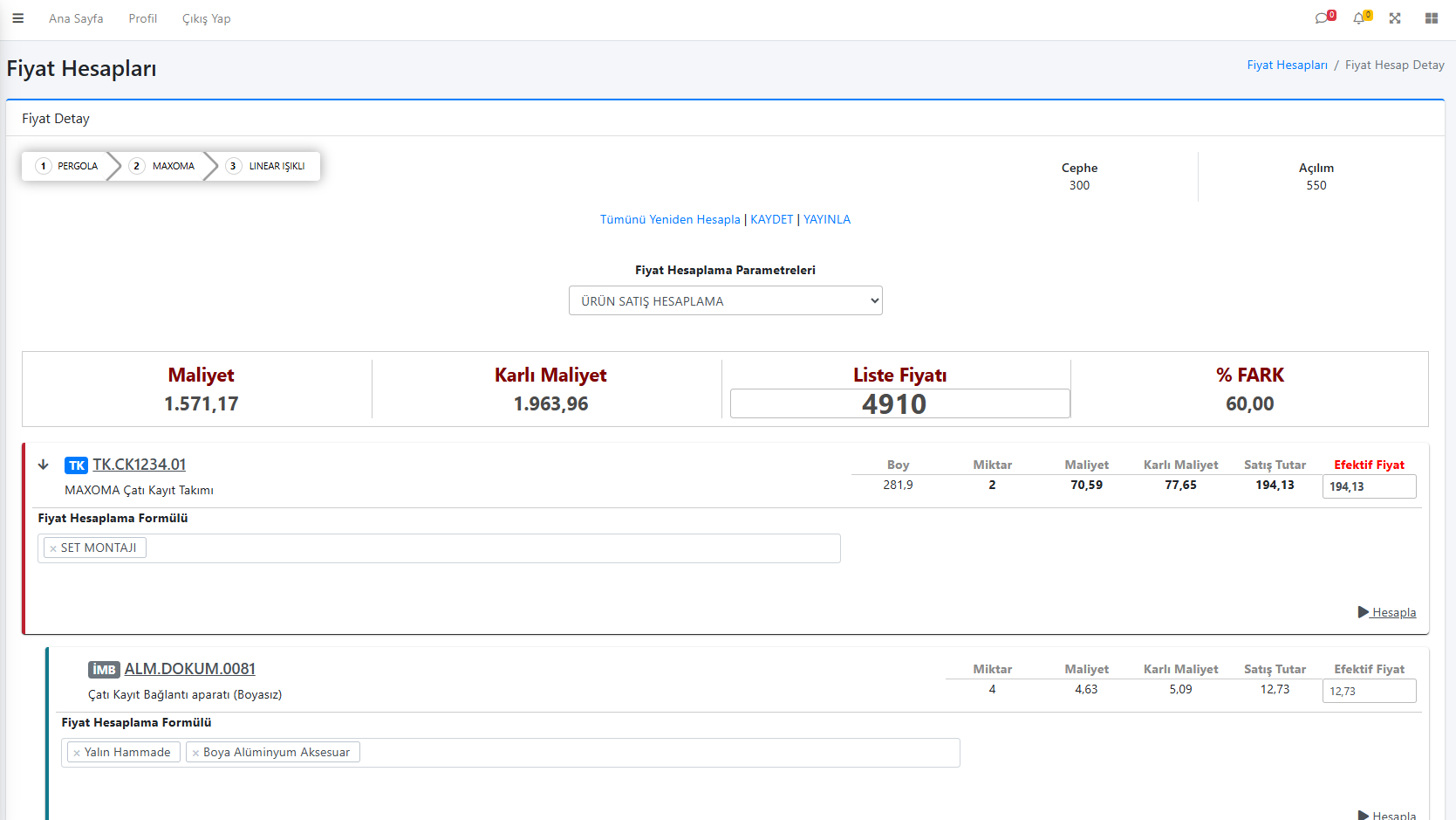 Proje fiyat hesaplama ekranı